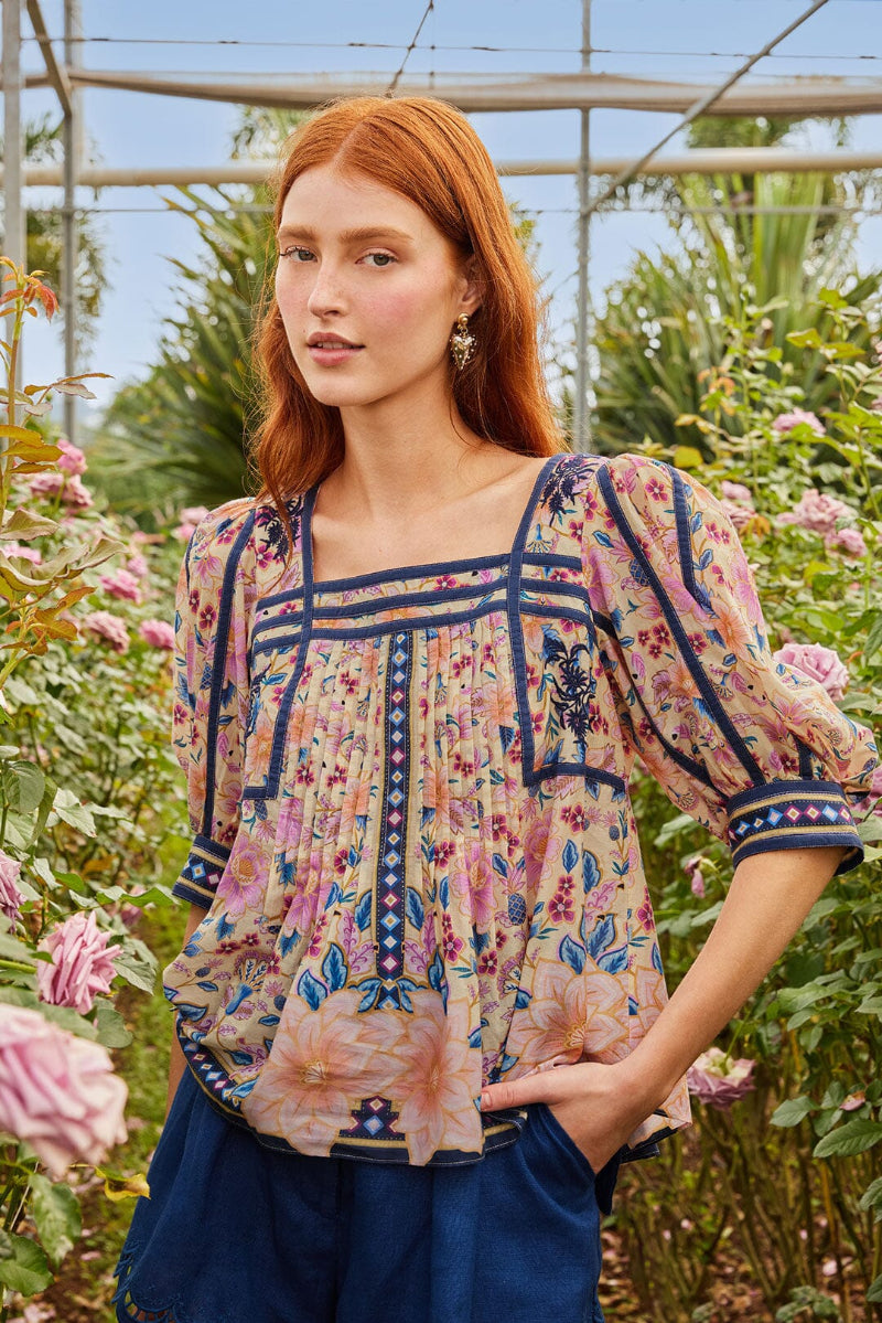 FARM Rio - Superbloom Tapestry Cream Square Neckline Blouse