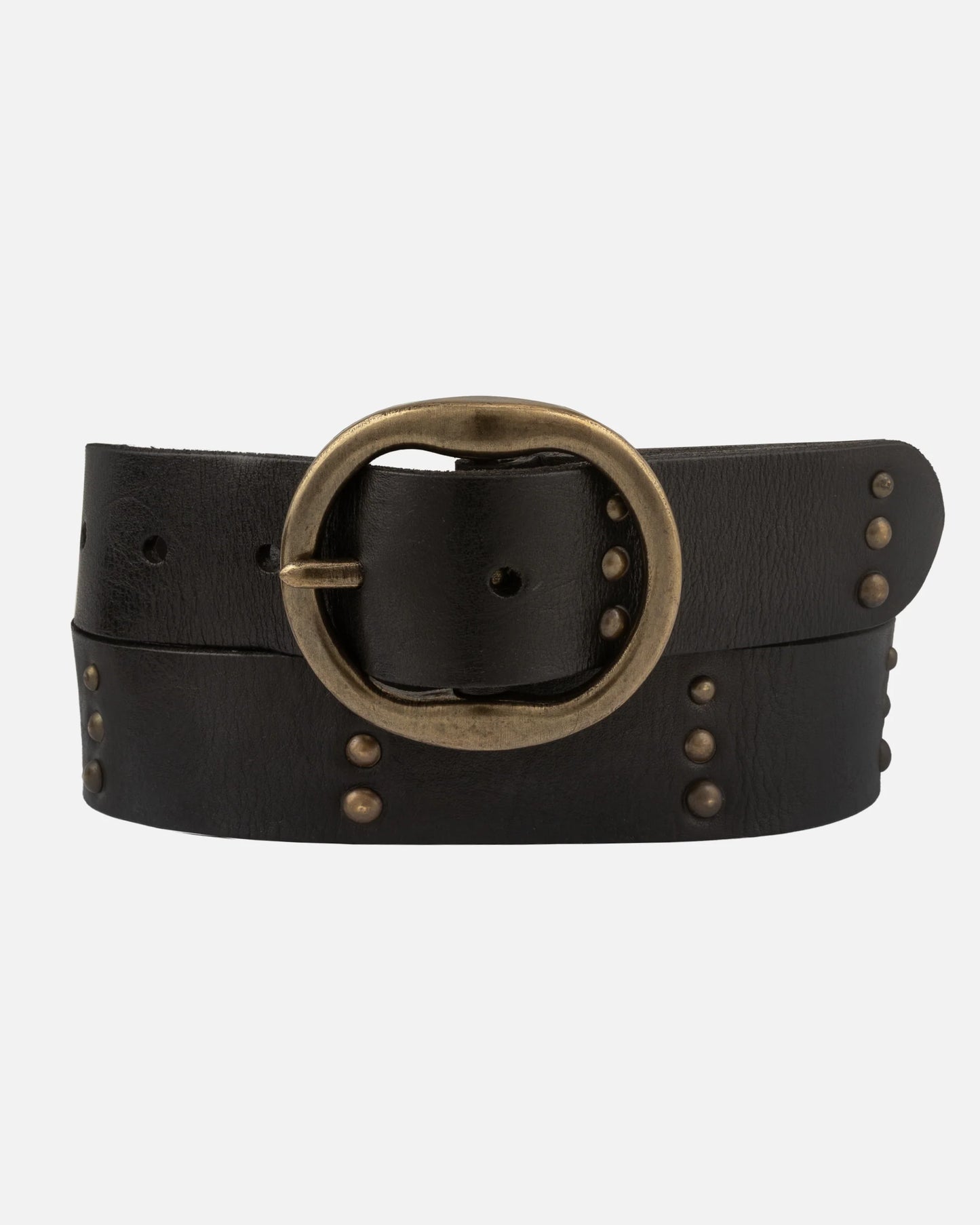 Amsterdam Heritage - Dion Round Buckle Leather Studded Belt in Black