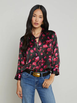 L'AGENCE - Dani 3/4 Sleeve Blouse in Black Pink Rosa Chinensis