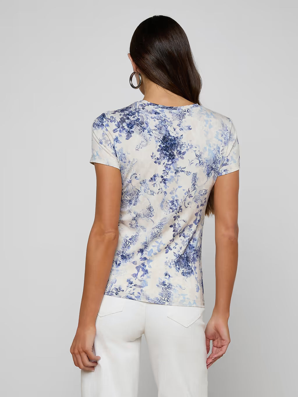 L'Agence - Ressi Short Sleeve Crew Lace in Ivory Blue Watercolor