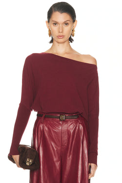 SIMKHAI - Lavina Draped Off Shoulder Sweater in Cranberry