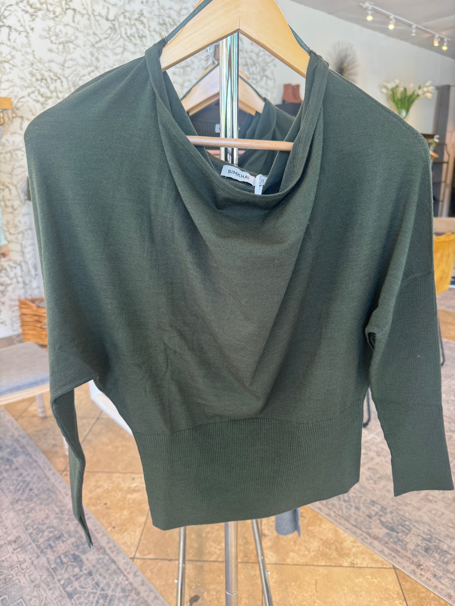 SIMKHAI - Lavina Draped Off Shoulder Sweater in Cypress