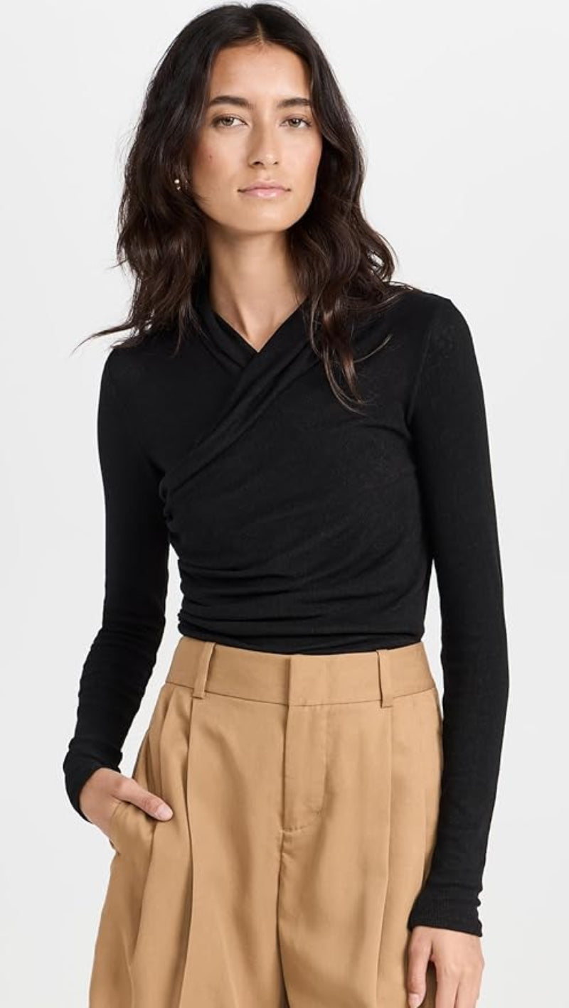 Vince. - Fixed Wrap Long-Sleeve Top in Black