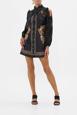 Camilla - Lace Sleeve Mini Dress in Noble Endeavours