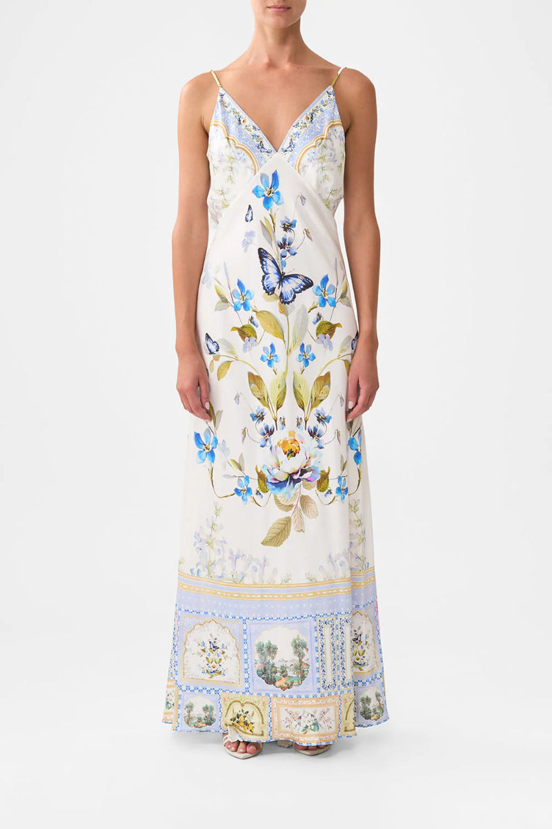 Camilla - V Neck Long Bias Slip Dress with Train in Botanical Ballads