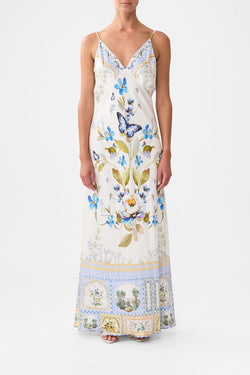 Camilla - V Neck Long Bias Slip Dress with Train in Botanical Ballads