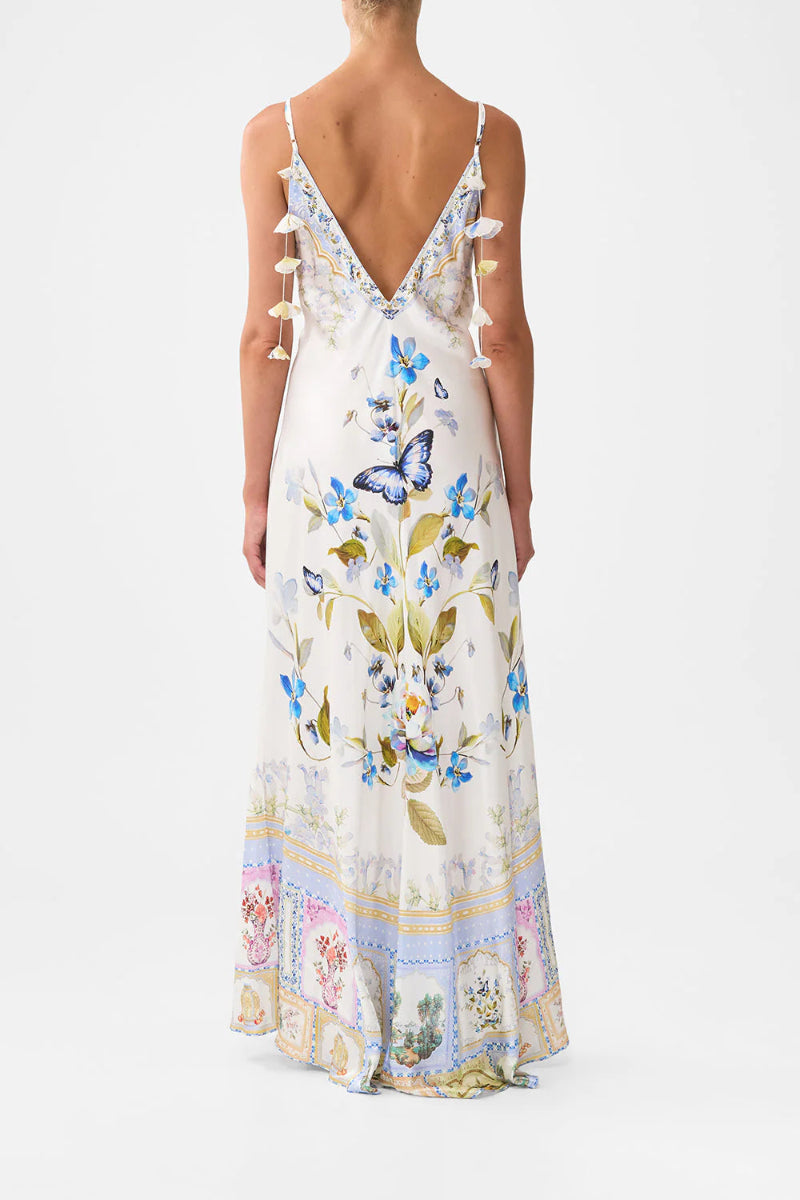 Camilla - V Neck Long Bias Slip Dress with Train in Botanical Ballads