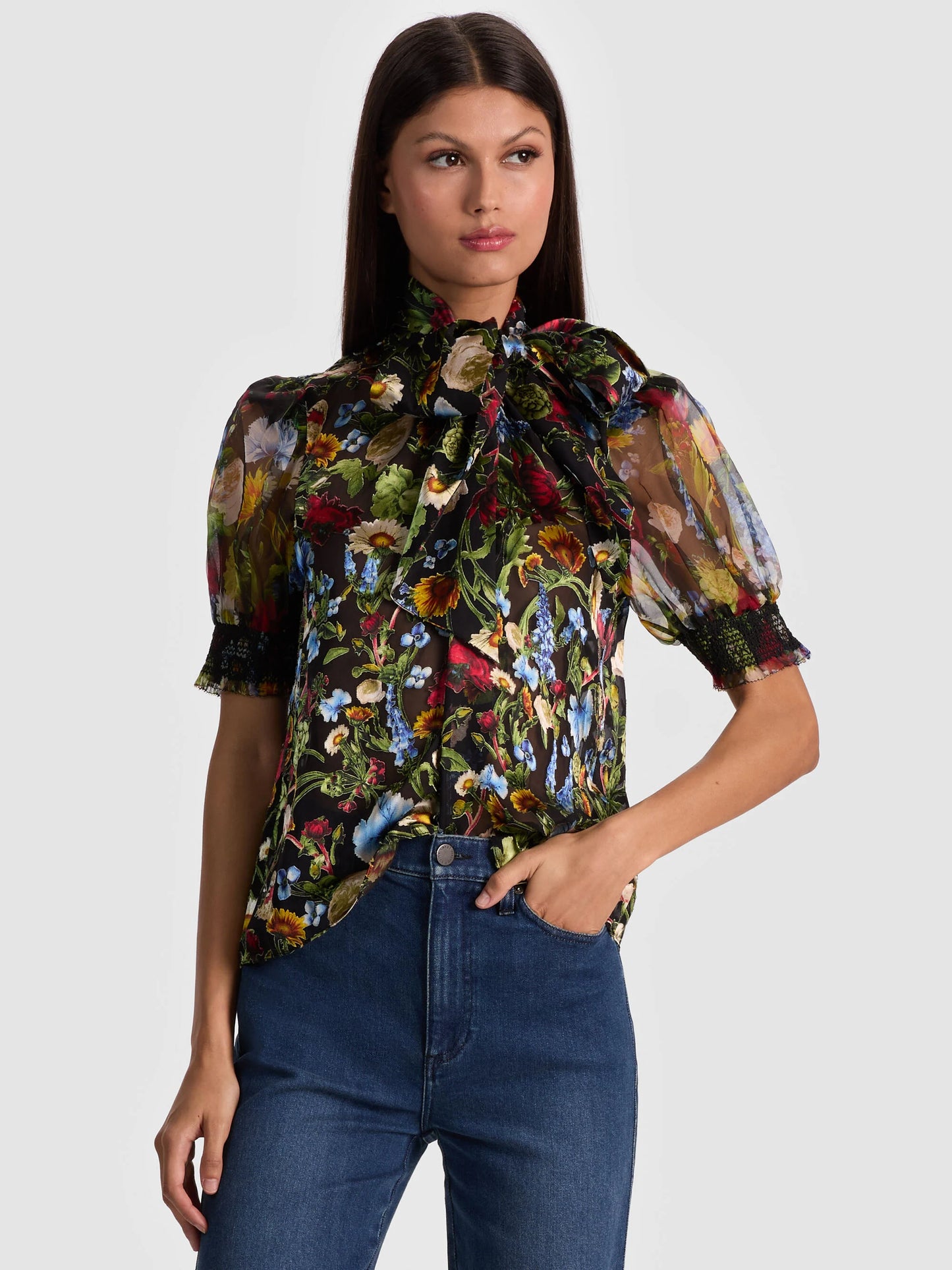 alice + olivia - Brentley Tie Neck Puff Sleeve Blouse in Social Hour Black