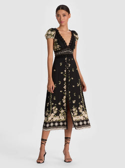 alice + olivia - Rose Deep V Lace Midi Dress in Free Falling