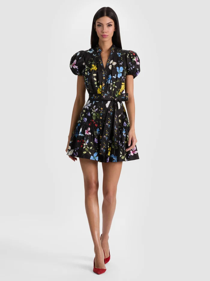 alice + olivia - Cora Tiered Mini Shirt Dress in Twisting Vines Black