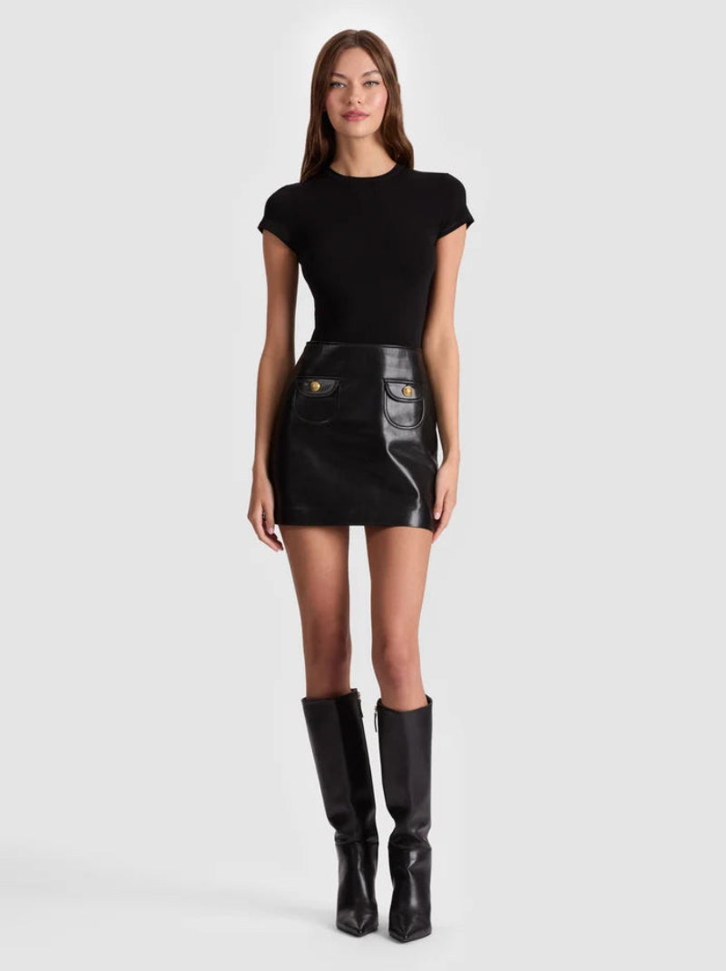 alice + olivia - Sydney Vegan Leather A Line Dress in Black