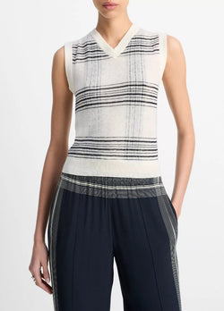 Vince. - Plaid V Neck in Off White Coast