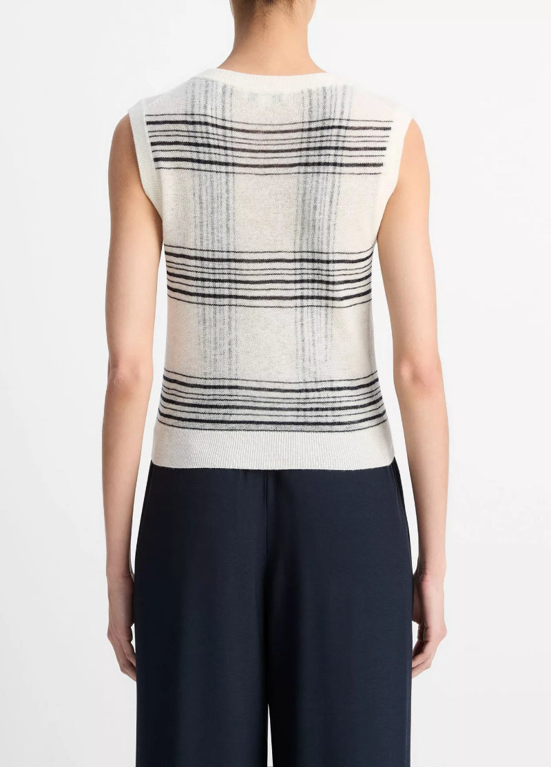 Vince. - Plaid V Neck in Off White Coast
