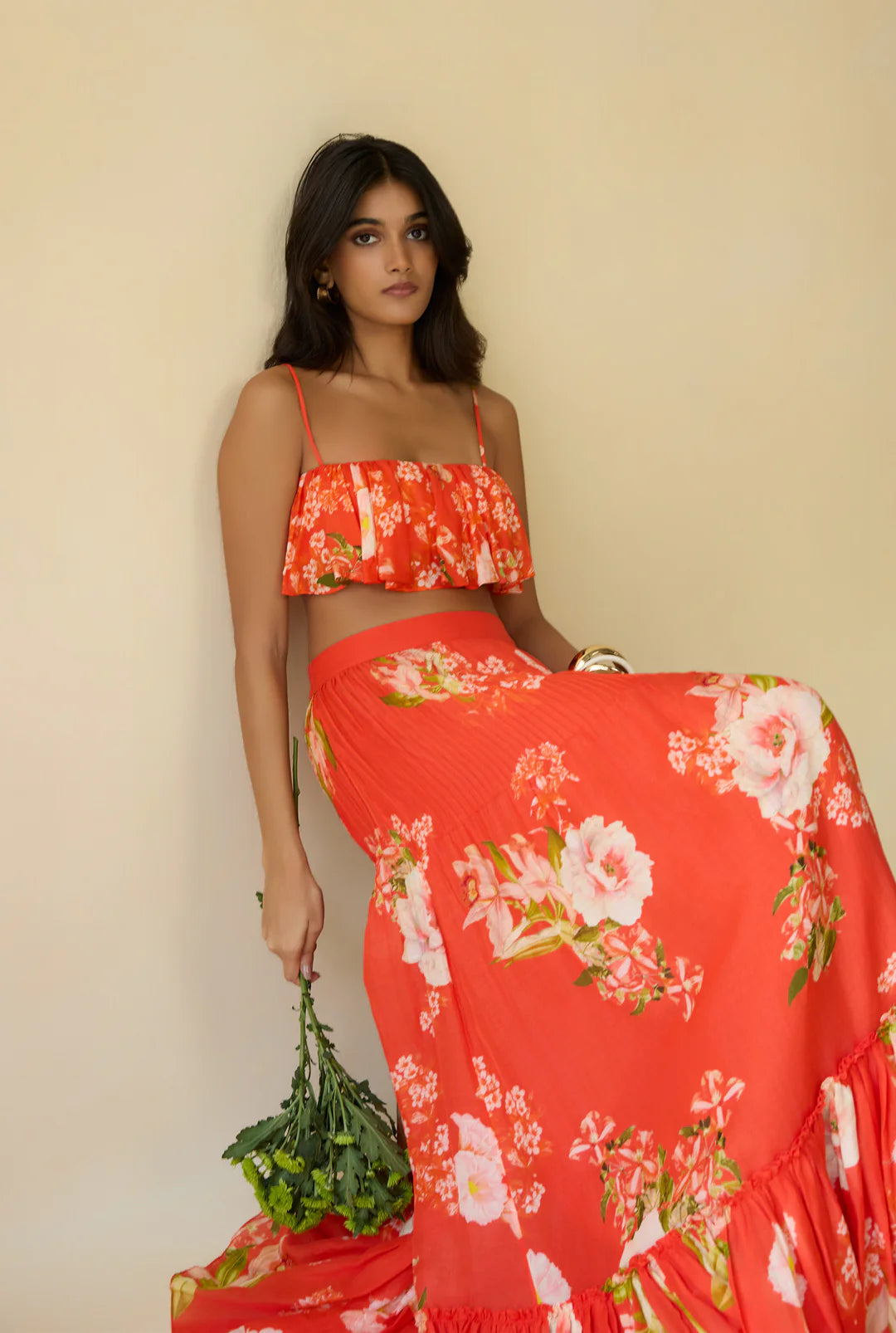 Hemant & Nandita - Hibi Pintuck Maxi Skirt in Orange