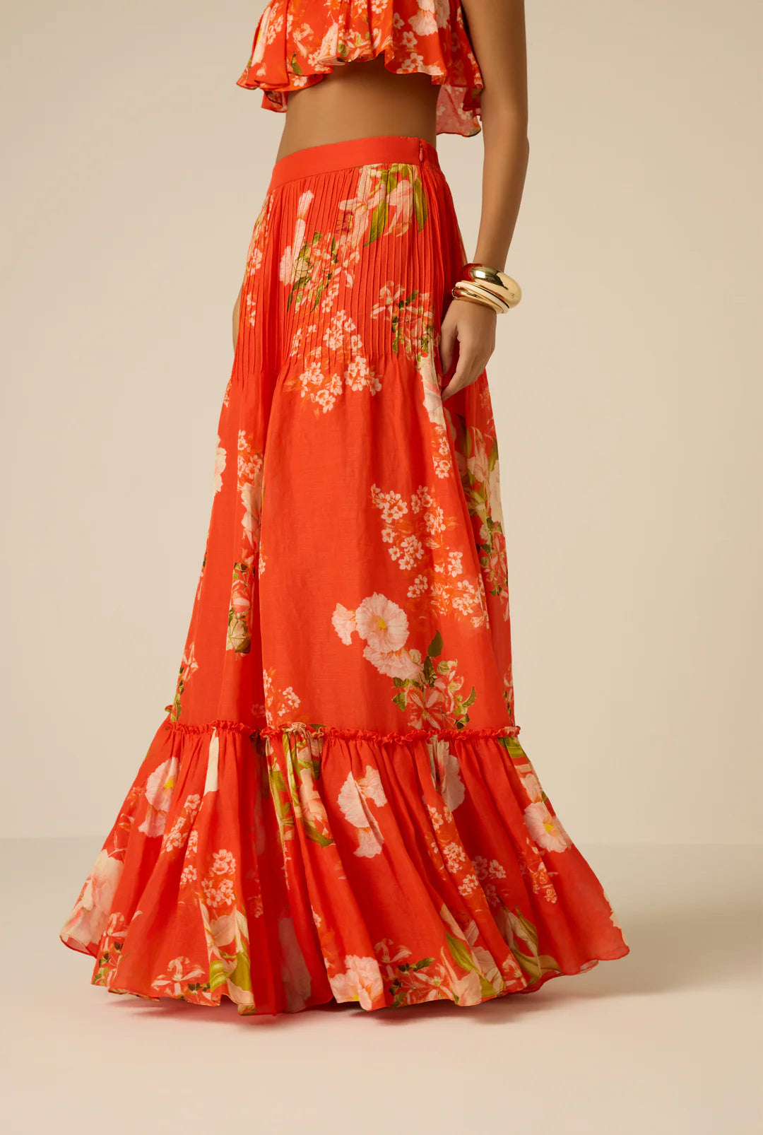 Hemant & Nandita - Hibi Pintuck Maxi Skirt in Orange
