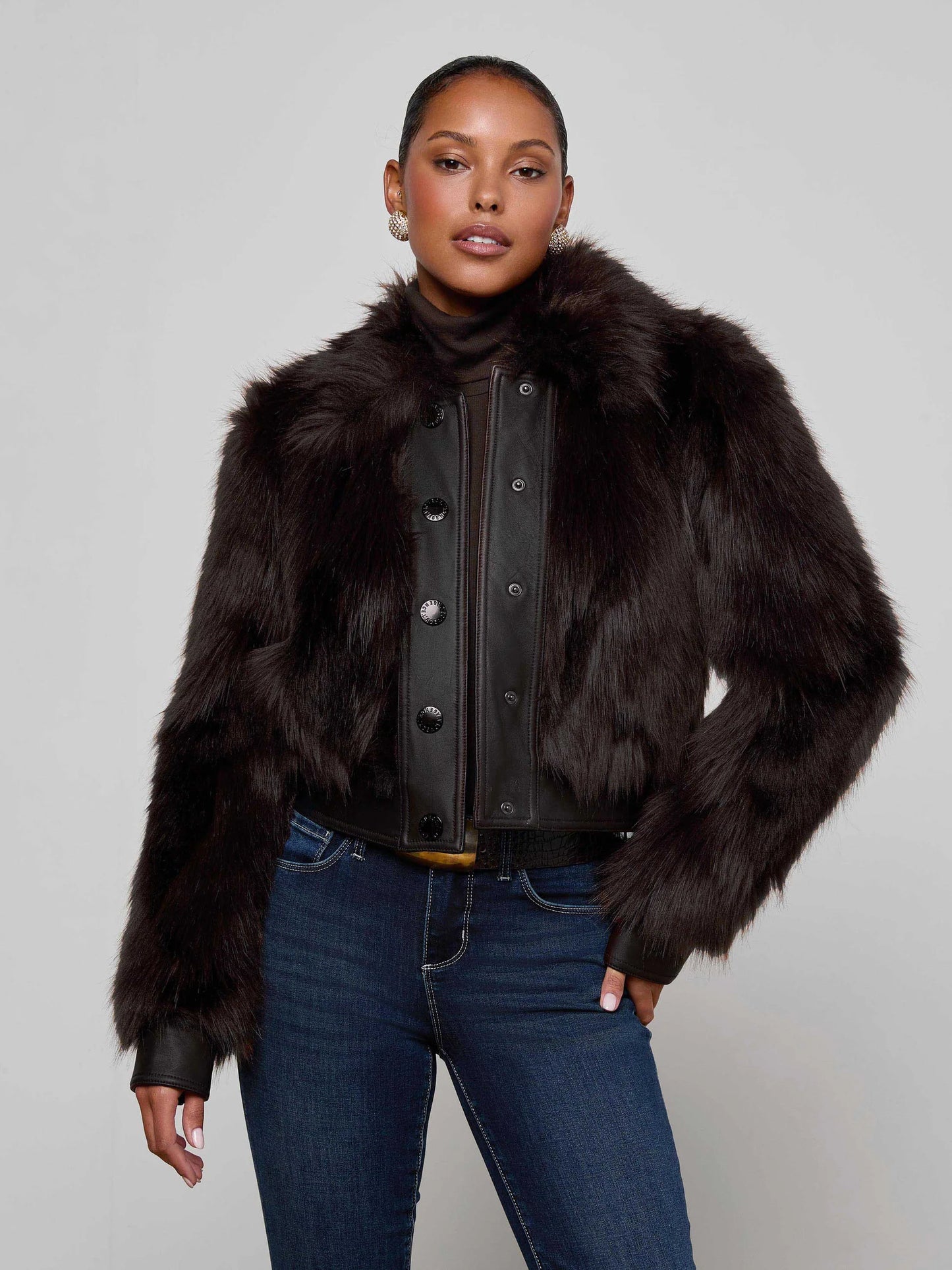 L'AGENCE - Claira Fox Fur Leather Trim Jacket in Coffee Bean
