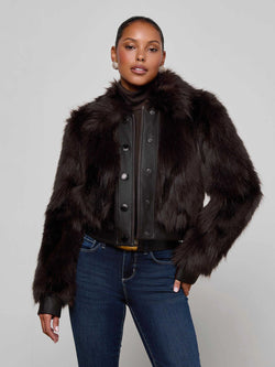 L'AGENCE - Claira Fox Fur Leather Trim Jacket in Coffee Bean