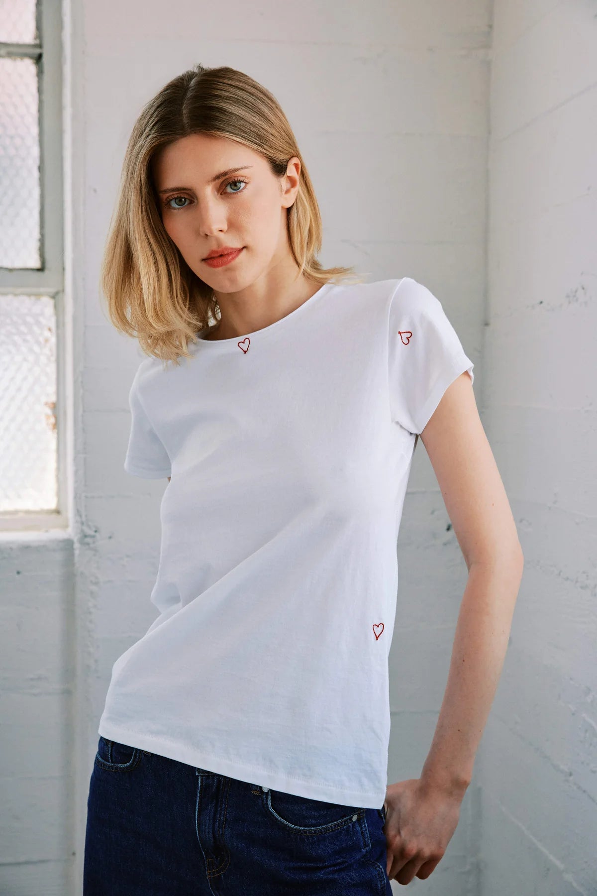 Catherine Gee - Embroidered Cotton T-Shirt in Red Heart