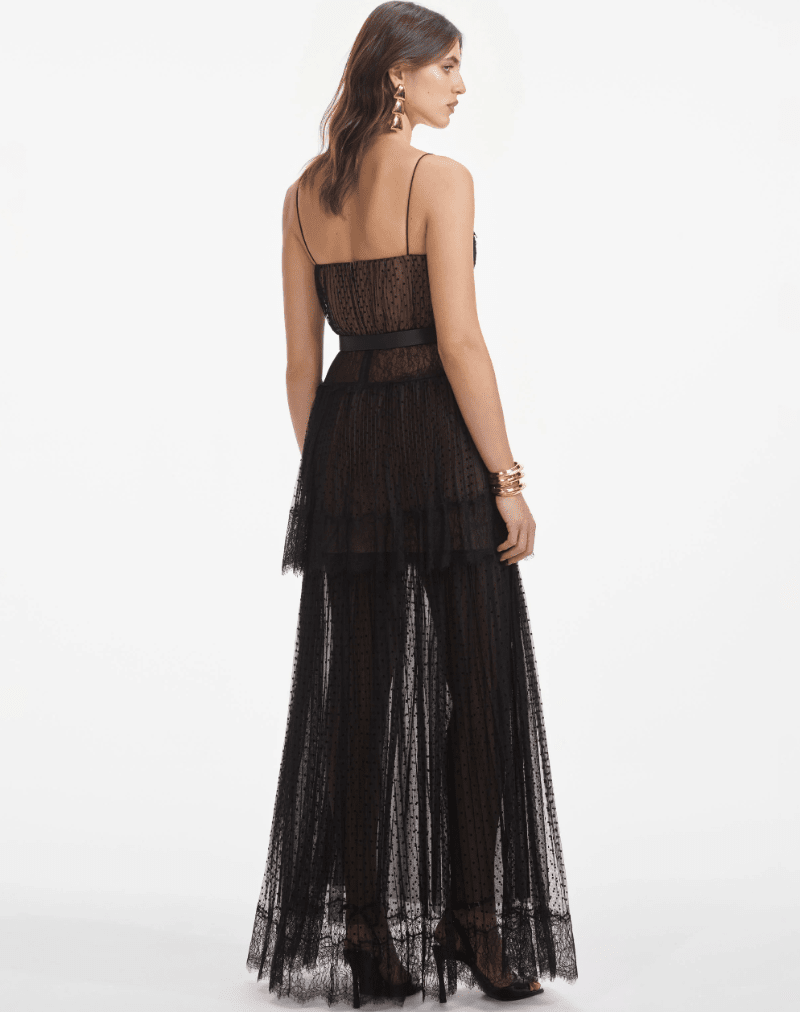Self-Portrait - Black Dot Mesh Tiered Maxi Dress in Black