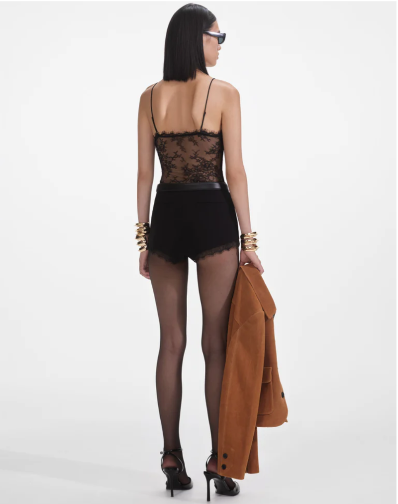 Self-Portrait - Black Dot Mesh Bodysuit in Black