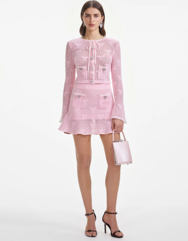 Self-Portrait - Pink Bow Crochet Mini Skirt in Pink
