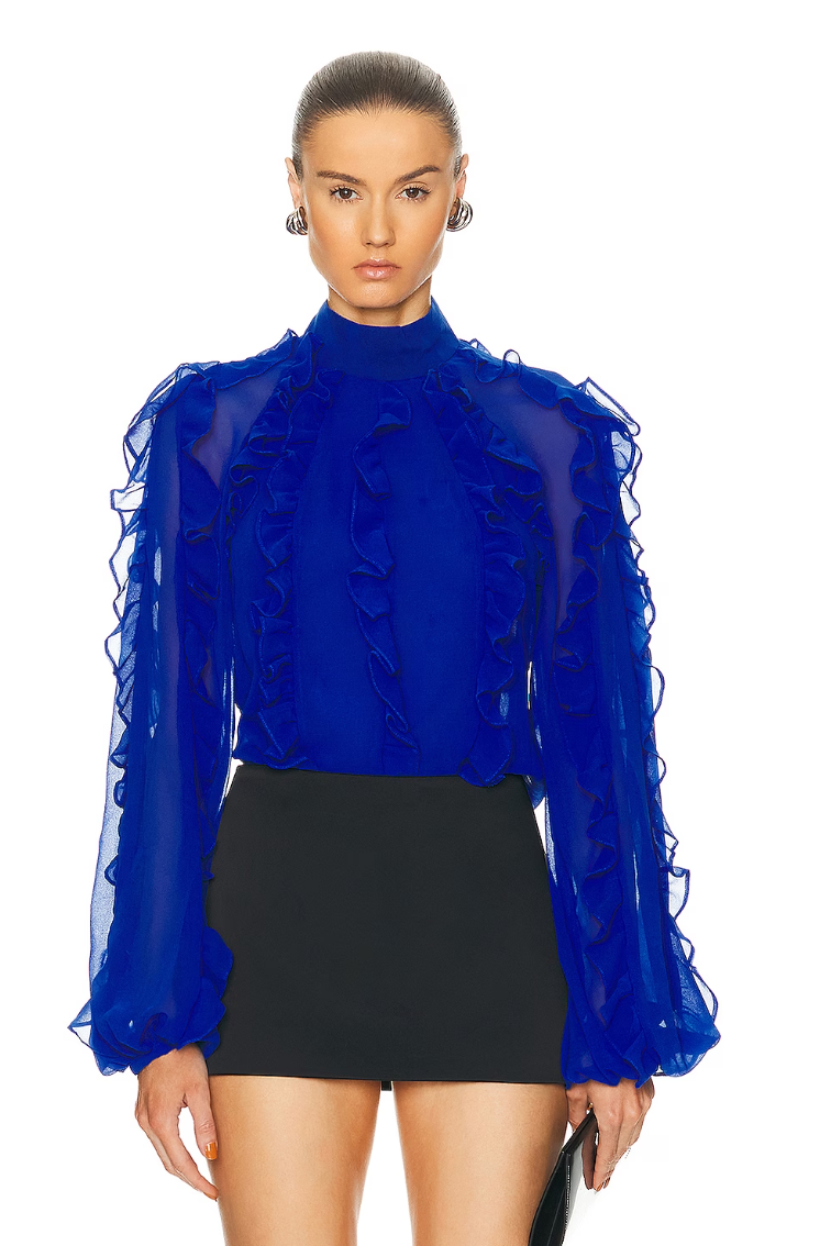 PatBo - Ruffle High-Neck Blouse in Blue
