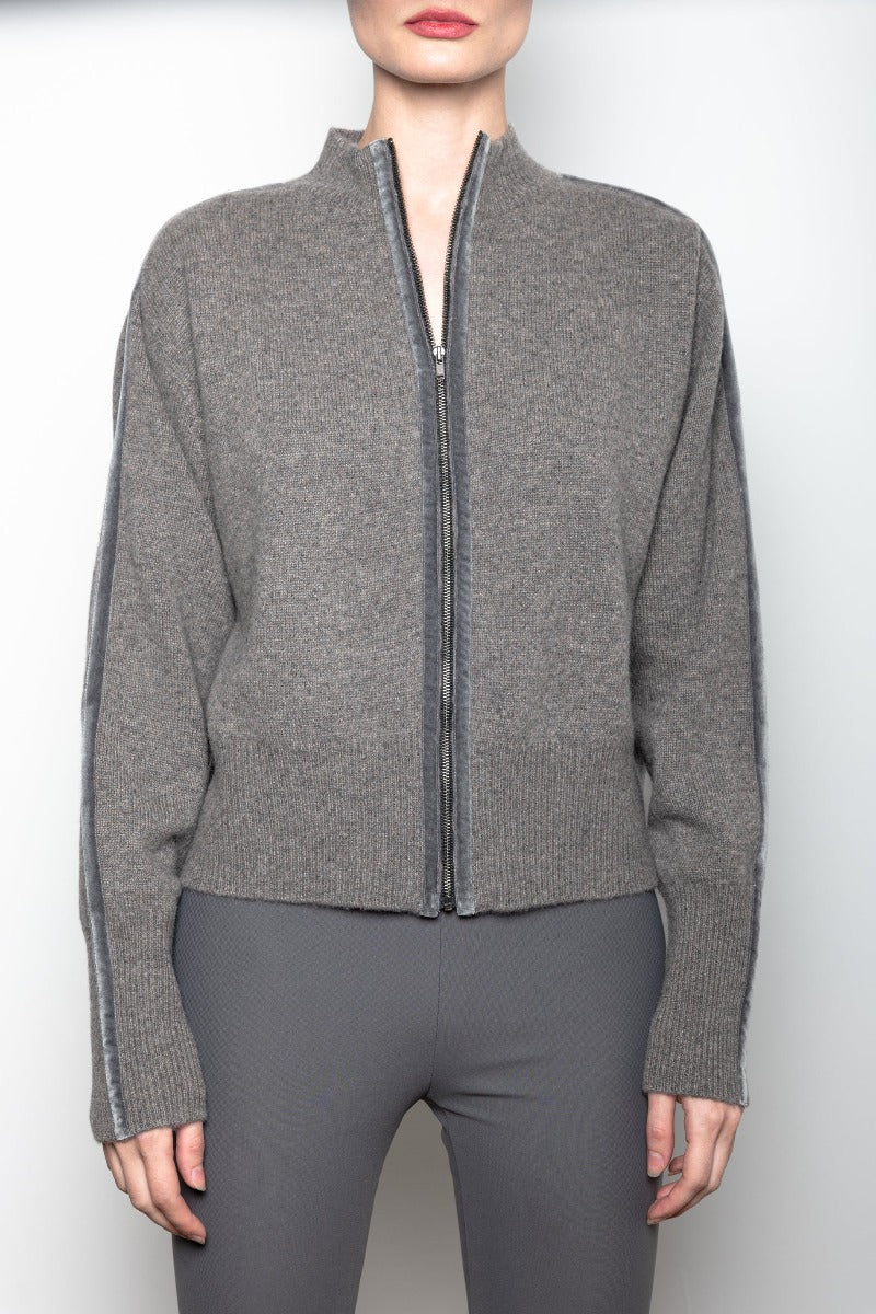 Elaine Kim - Cashmere Zp Up Jacket with Velvet Trim in Pewter