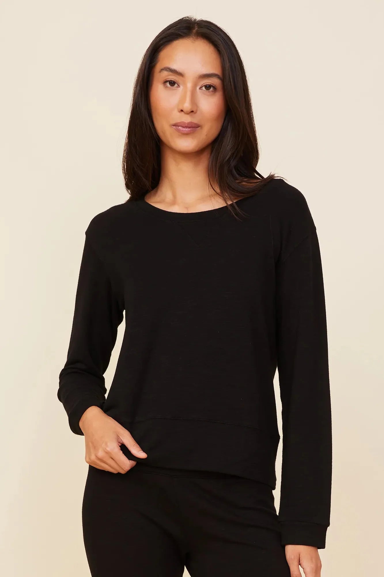 MONROW - Supersoft French Terry Off Shoulder Sweatshirt in Black