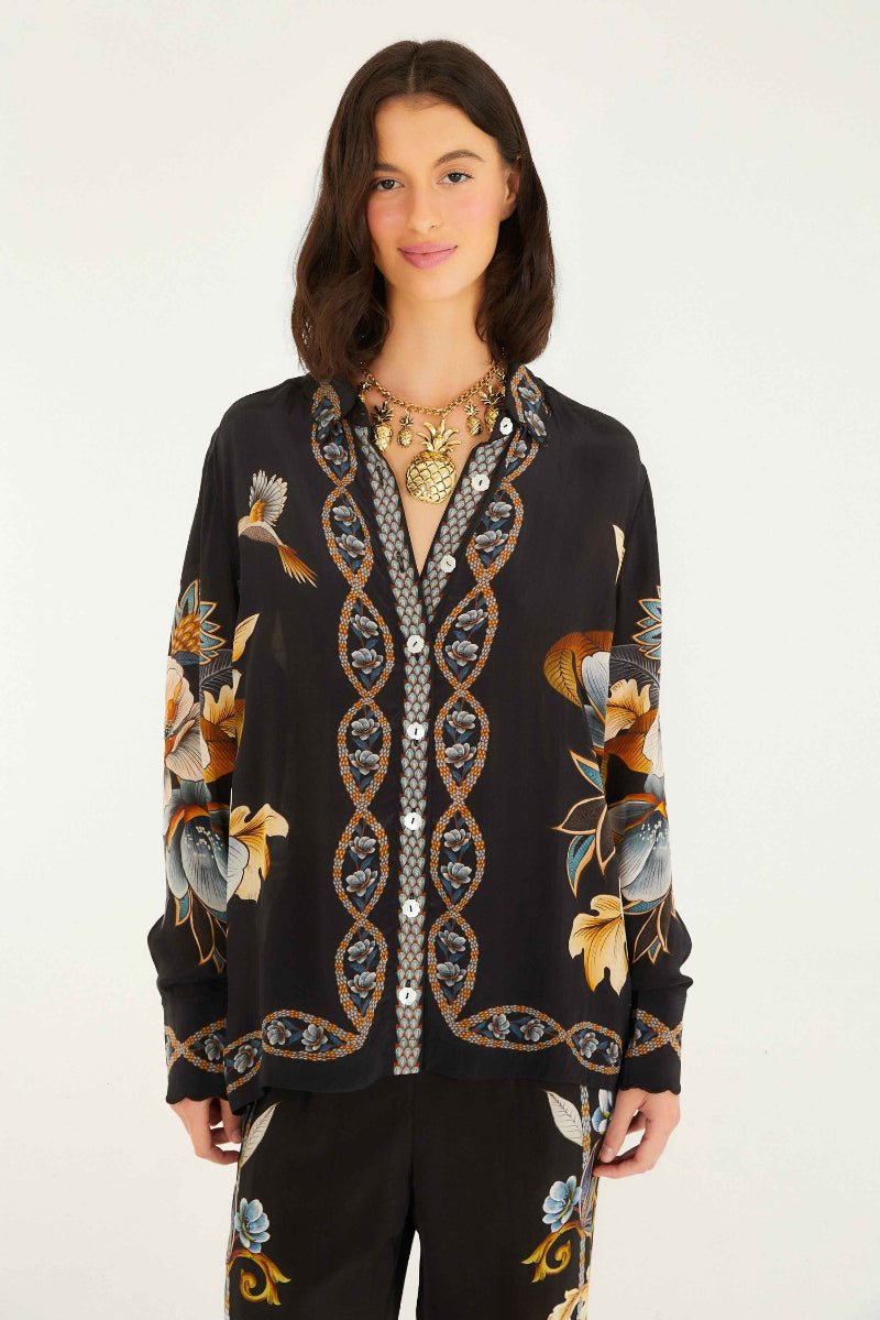FARM Rio - Snake Floral Black Pajama Shirt in Black