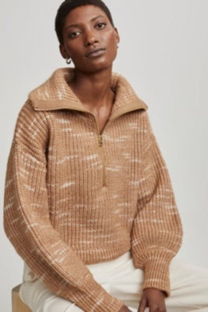 Varley - Ridley Dalmatian Half Zip Knit in Golden Bronze and Egret