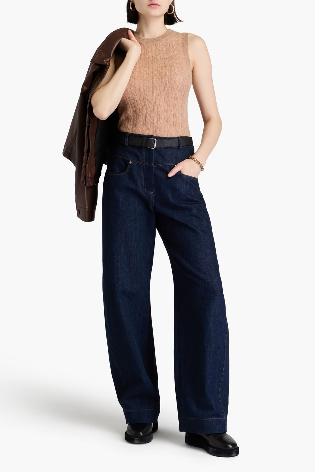 Naadam - Cashmere Cable High Neck Tank in Heathered Camel