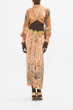 Camilla - Long Sleeve High Neck Top With Front Knot in Kingdom of Heiroglyphs