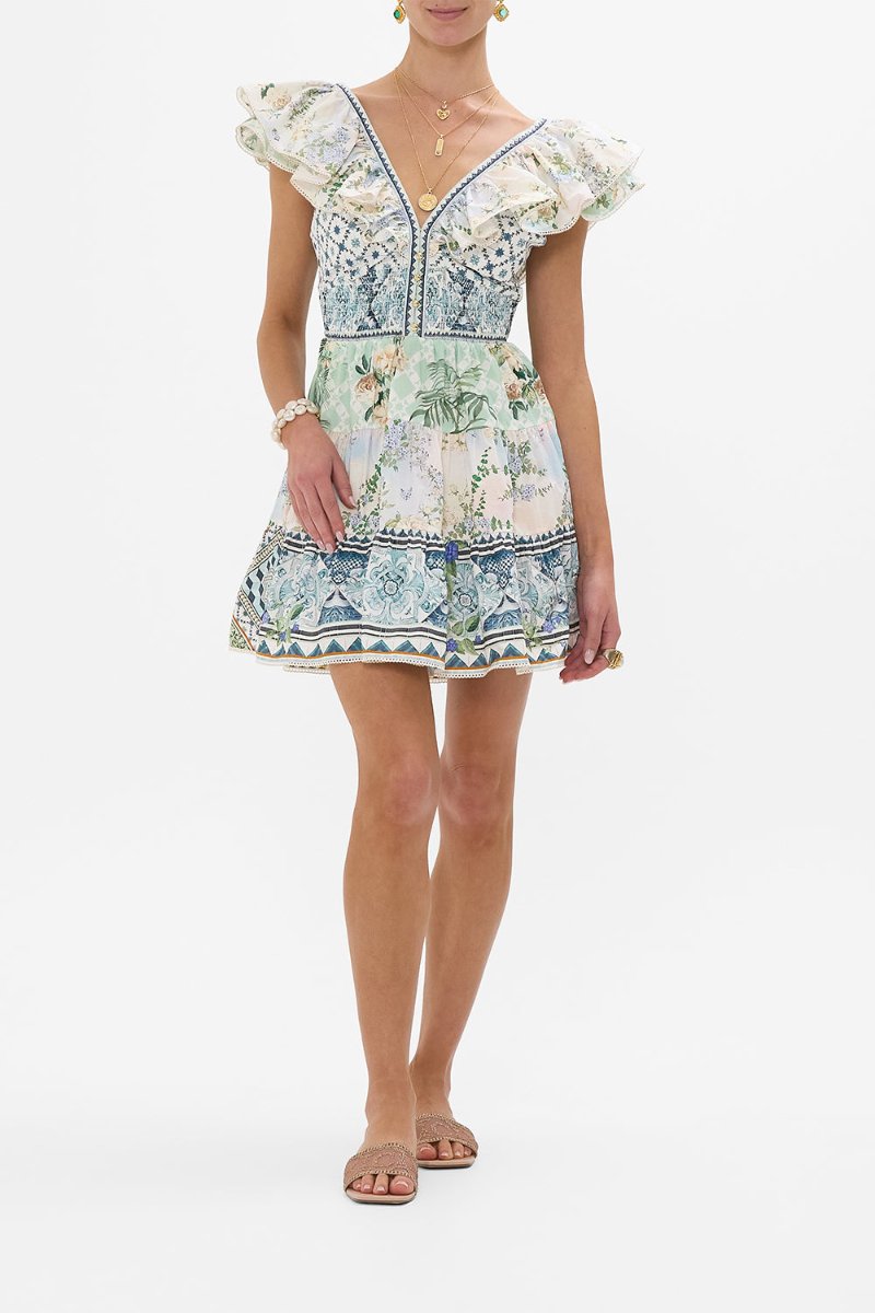 Camilla - Tiered Short Dress with Neck Frill in Jardim Party