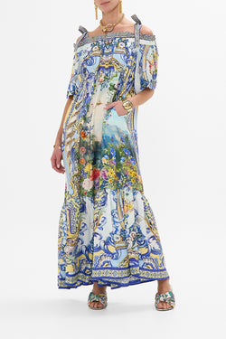 Camilla - Long Off Shoulder Frill Dress with Straps in Wall to Wall Wonders