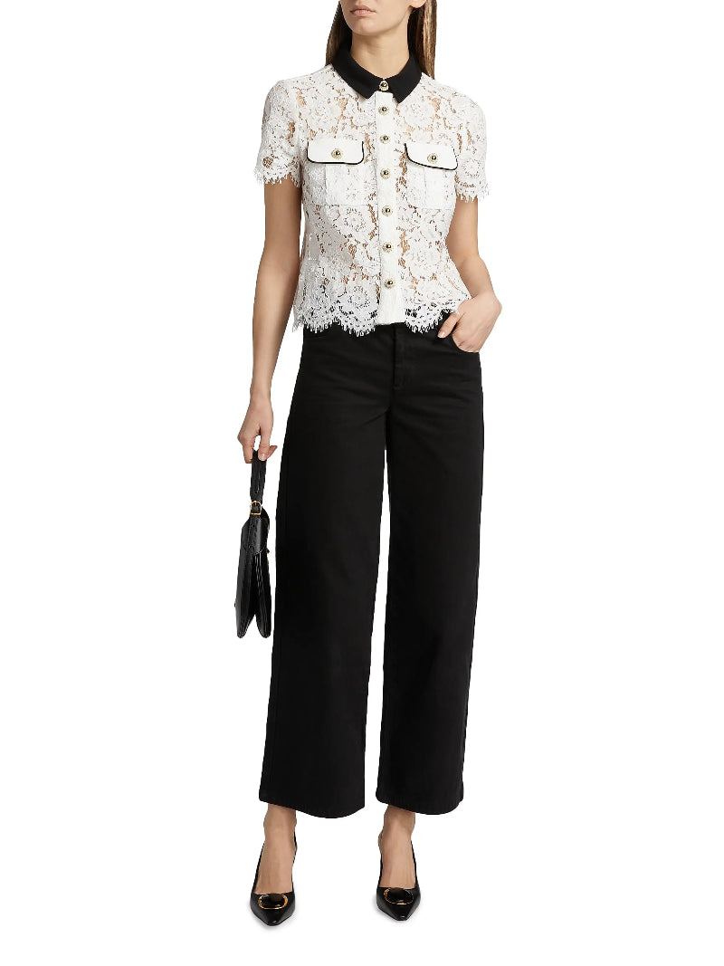 Self-Portait - Lace Contrast Collar Top in White