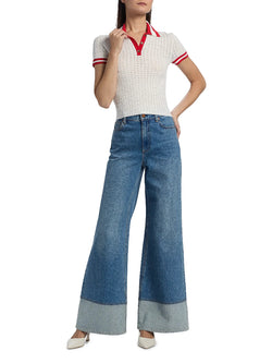 alice + olivia - Martha Pointelle Polo in Soft White Bright Ruby