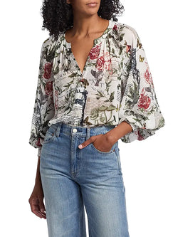 alice + olivia - Thalia Long Sleeve Button Down Blouse in Dreamscape Moon Vanilla