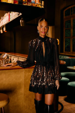 FARM Rio - Garden Silhouette Long Sleeve Mini Dress in Black