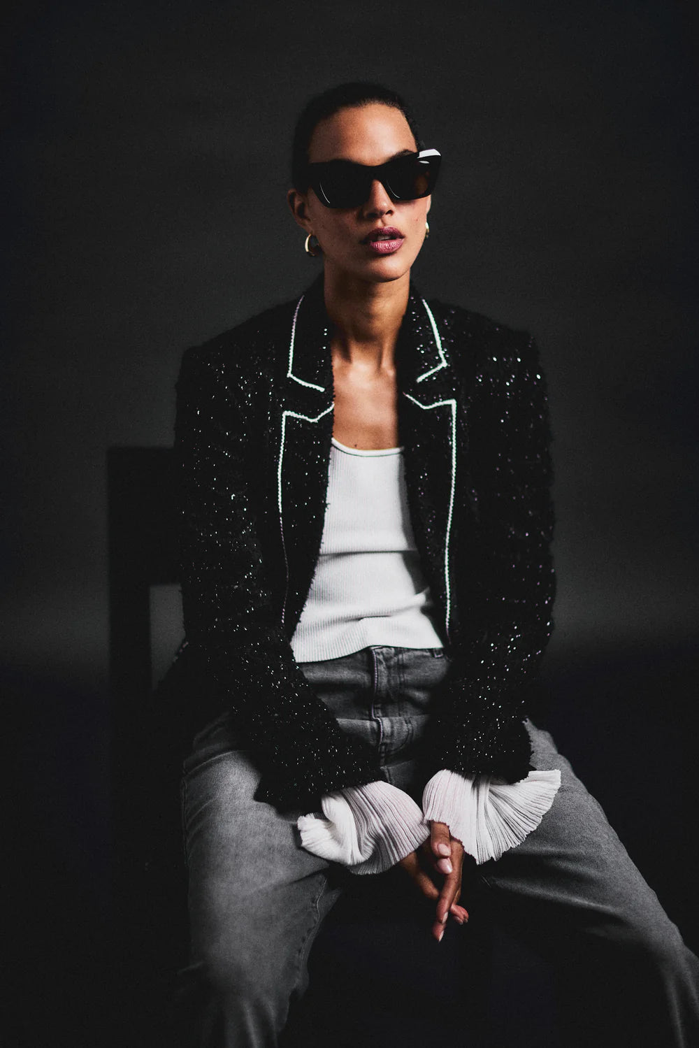 Derek Lam 10 Crosby - Estelise Galaxy Tweed Blazer in Black Silver