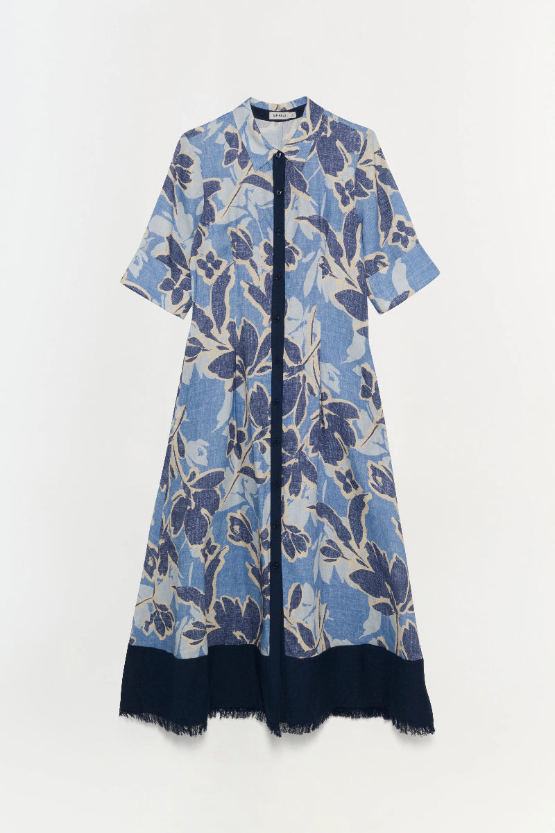 SIMKHAI - Claudine Short Sleeve Shirt Midi Dress in Blue Hydrangea Floral