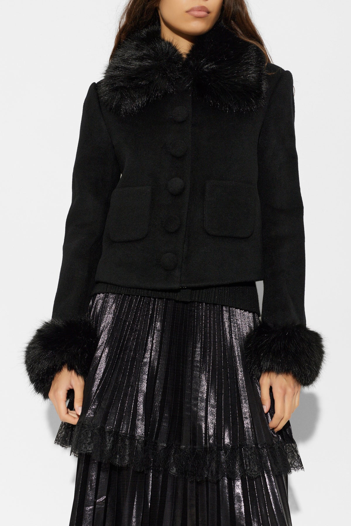 Self-Portrait - Wool Fur Cuff Jacket in Black