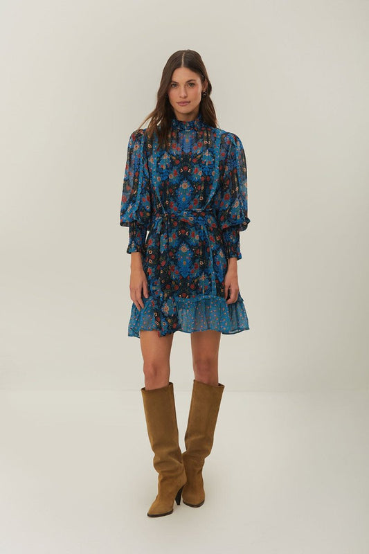 FARM Rio - Arabesque Floral Blue High Neck Mini Dress