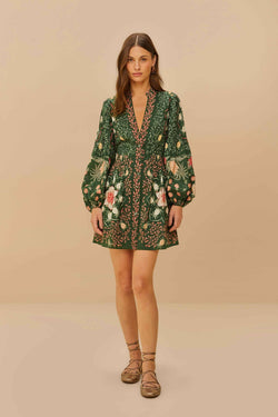 FARM Rio - Pineapple Garden Green Long Sleeve Mini Dress