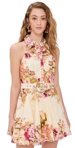 Hemant & Nandita - Floral Mini Dress with Belt in Ivory Mix