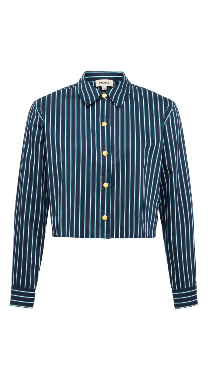 L'AGENCE - Cosette Crop High Low Shirt in Midnight Bottle Green Stripe