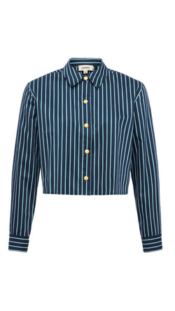 L'AGENCE - Cosette Crop High Low Shirt in Midnight Bottle Green Stripe