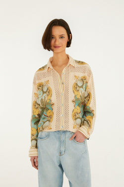 Farm Rio - Crochet Detail Shirt in Royal Sea Multicolor