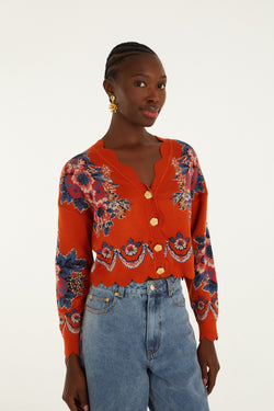 VICTORIAN FLORAL TERRACOTA KNIT CARDIGAN