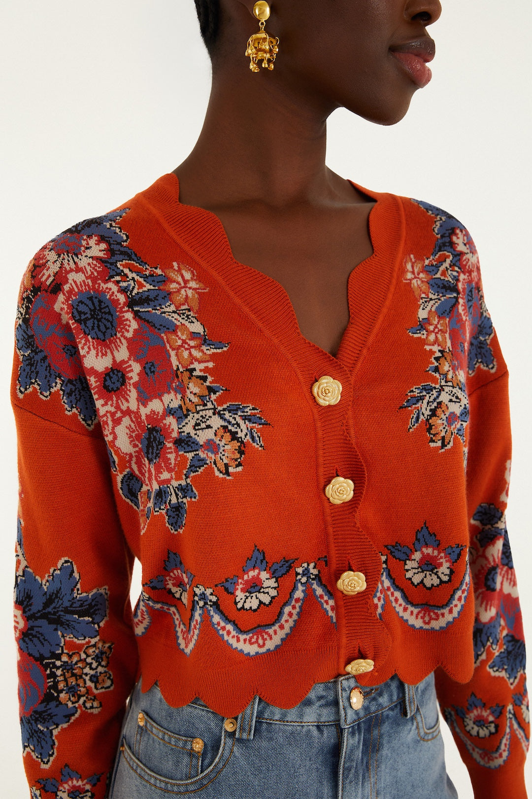 VICTORIAN FLORAL TERRACOTA KNIT CARDIGAN
