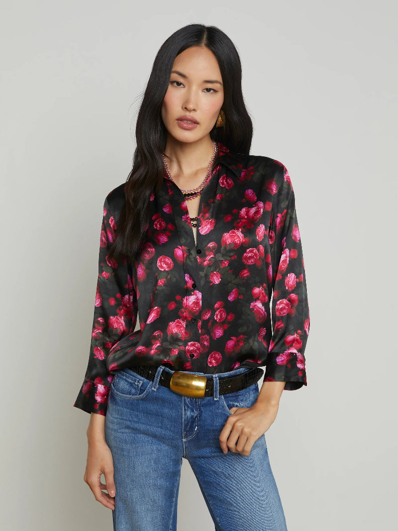 L'AGENCE - Dani 3/4 Sleeve Blouse in Black Pink Rosa Chinensis